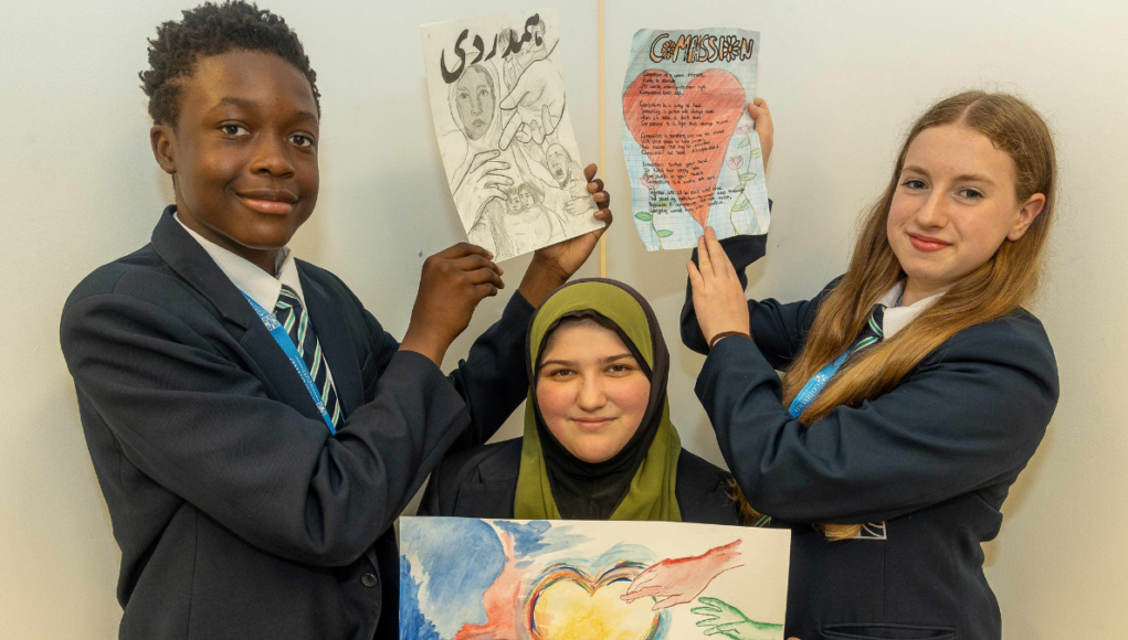 eccai, Aysha and Amelia with entries for the compassion art comp