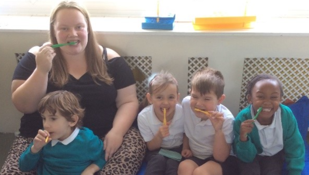 Children at Greenmeadow School taking part in supervised tooth brushing