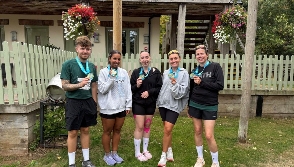 Swindon Half runners from Gorse Hill Primary l-r Brandon Ricketts, Teri Pettett, Millie Hutchinson, Louise Evans and Candida Hutchinson